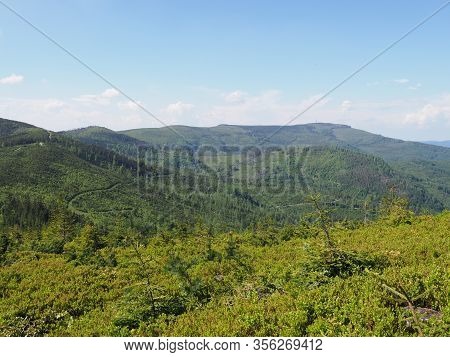 Green Silesian Beskids Mountains Land Near Salmopol Pass View Above European City Of Szczyrk In Pola