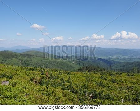 Silent Silesian Beskids Mountains Land Near Salmopol Pass View Above European City Of Szczyrk In Pol
