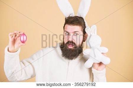 Man Wearing Rabbit Suit. Funny Bunny Man Soft Ears. Easter Activities Concept. Weirdo Concept. Celeb