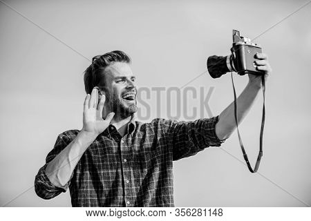 Hi I Am Here. Travel With Camera. Male Fashion Style. Looking Trendy. Macho Man With Camera. Sexy Ma