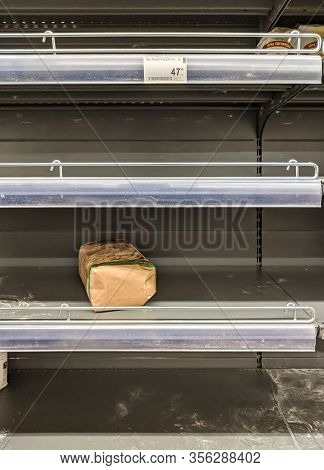 Tver, Russia - 17 03 2020: Empty Supermarket Shelves Indicates Panic Buying As The Russian Governmen