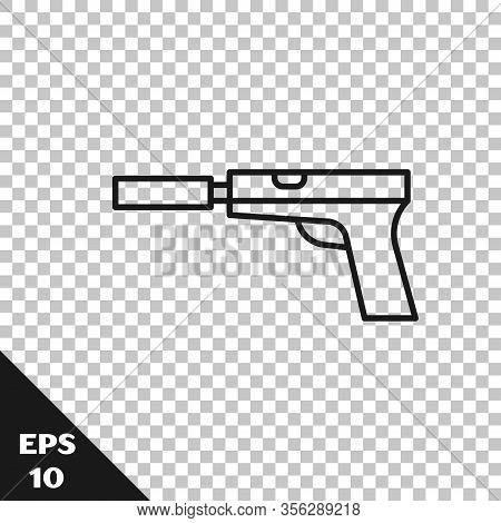 Black Line Pistol Or Gun With Silencer Icon Isolated On Transparent Background. Vector Illustration