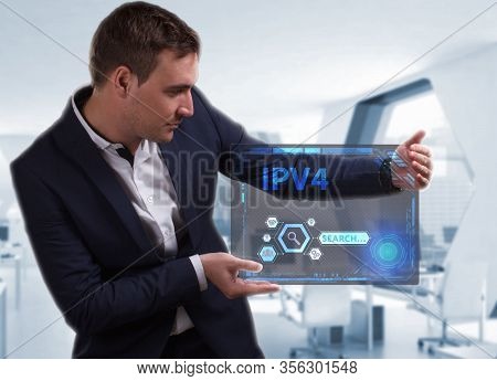 Business, Technology, Internet And Network Concept. Young Businessman Working On A Virtual Screen Of