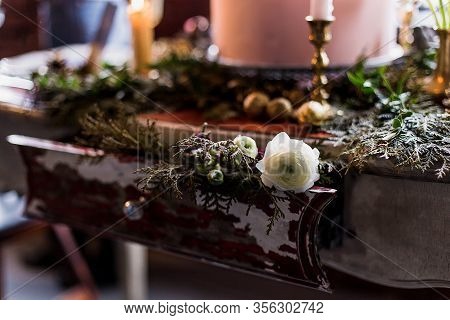 Flowers Decoration Of A Wedding Retro Table. Wedding