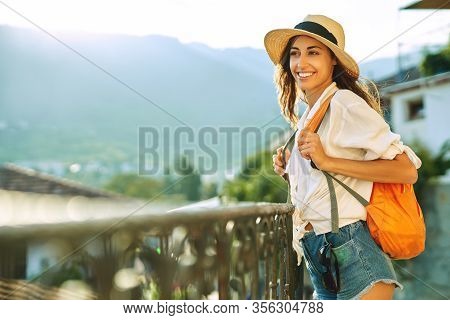Portrait Beautiful Tourist Woman Standing On Viewpoint With Mountains And Sunlight On Bakcground, Ex