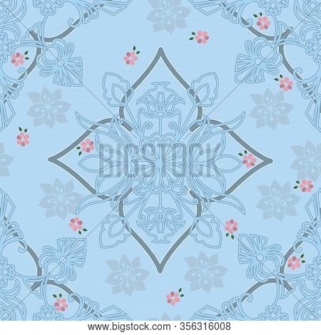 Beautiful Geometrical And Flower Vector Seamless Repeating Pattern In Baby Blue With Little Pink Flo
