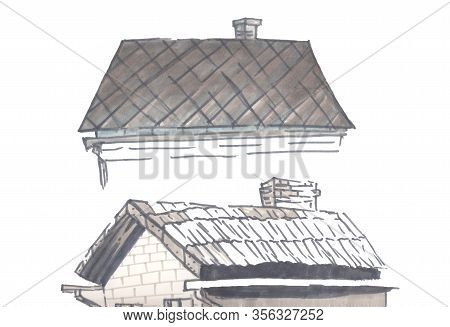 The Roof Of A Building. Markers. Hand Drawn Illustration.