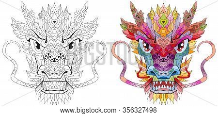 Zentangle Dragon Head. Hand Drawn Decorative Vector Illustration. Clolr And Outline Set