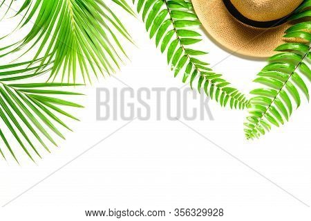 Traveler Accessories, Tropical Palm Leaf With Fren Leaf And Hat Isolated On White Background With Em
