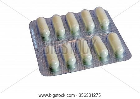 Blister Of Pills Isolate On White Background Close-up.