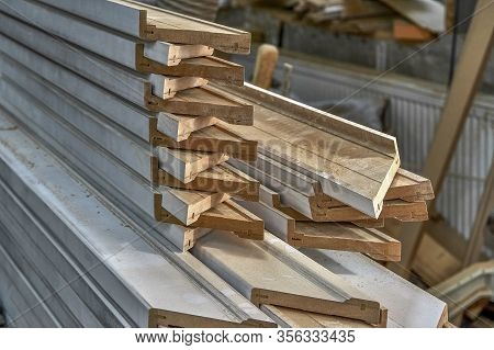 Joinery. Stacked Door Architraves. Wood Door Manufacturing Process. Furniture Manufacture.