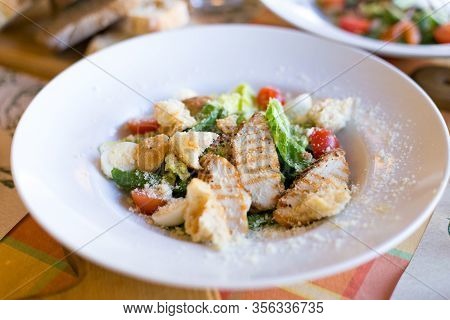 Salad With Chicken And Parmesan And Tomato Serving