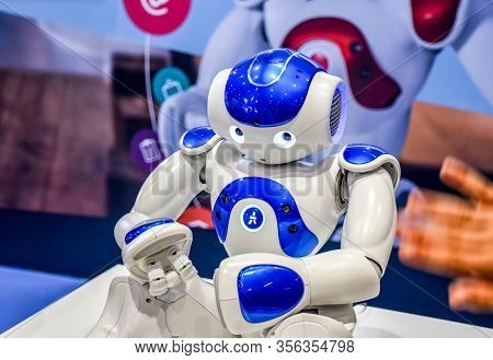 Leipzig, Germany - July 2, 2016: Humanoid Robot Nao Of The French Robot Manufacturer Aldebaran Robot