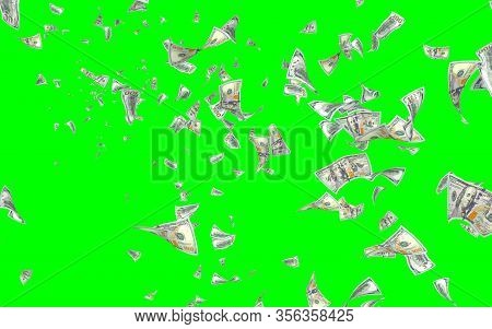 Flying Dollars Banknotes Isolated On Chromakey. Money Is Flying In The Air. 100 Us Banknotes New Sam