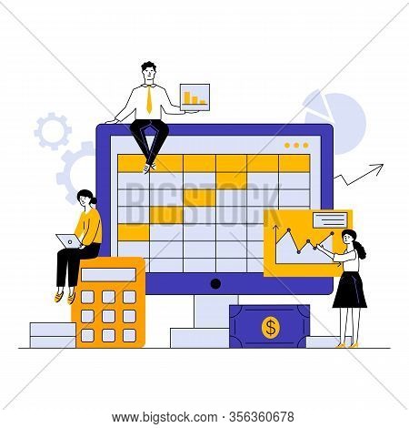 Preparation For Bookkeeping Or Annual Report Vector Illustration. Accountants Making Analyses, Calcu