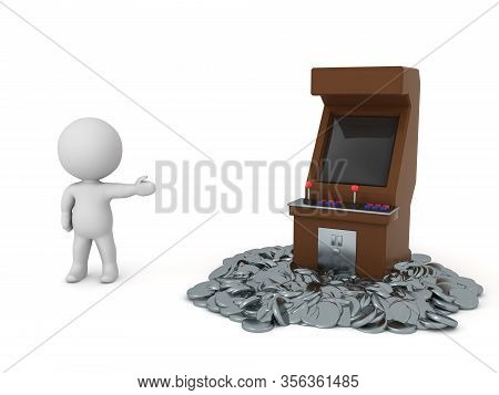 3D Character Showing Arcade With Many Coins Around It