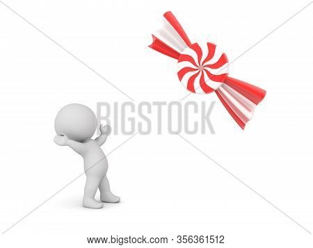 3D Character Looking Excited At Big Red Candy Bonbon