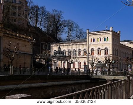Karlovy Vary, Czech Republic - March 11, 2014: Spa Iii (hotel Lazne Iii) On The River Tepla. Histori