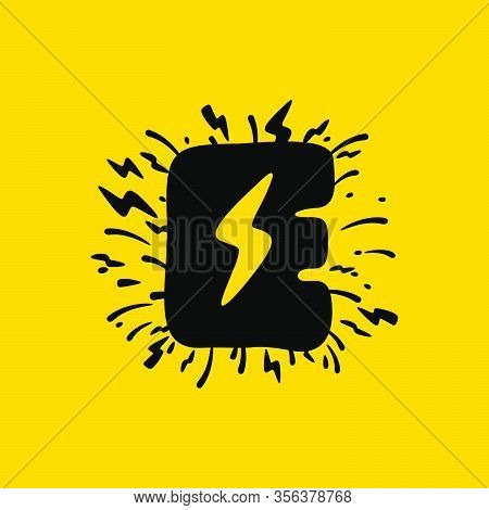 E Letter Logo With Lightning Negative Space. Hand Drawn Monochrome Vintage Style. Perfect Type For E