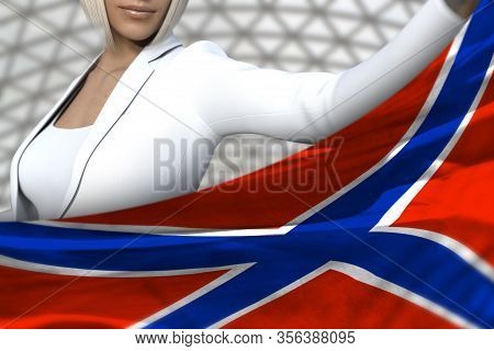 Sexy Business Lady Is Holding Novorossia Flag In Front Of Her On The  Modern Architecture Background