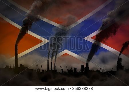 Global Warming Concept - Dense Smoke From Industrial Pipes On Novorossia Flag Background With Space 