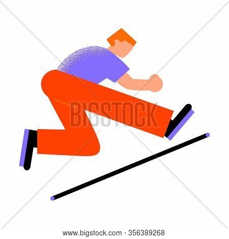 Parkour Red-haired Man In Red Pants Jumping Over An Obstacle. Vector Illustration In A Flat Cartoon 