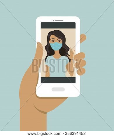 Human Hand Holding Smart Phone video Call On The Screen With Your Close friend Of Family Member Onli