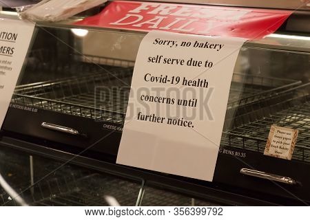 Vancouver, Canada - March 18,2020: Empty Safeway Store Bakery Department With Sign Says 