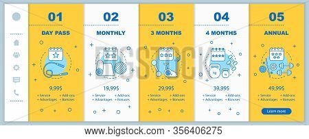 Fitness Center Membership Onboarding Mobile App Screens With Prices. Walkthrough Website Templates. 