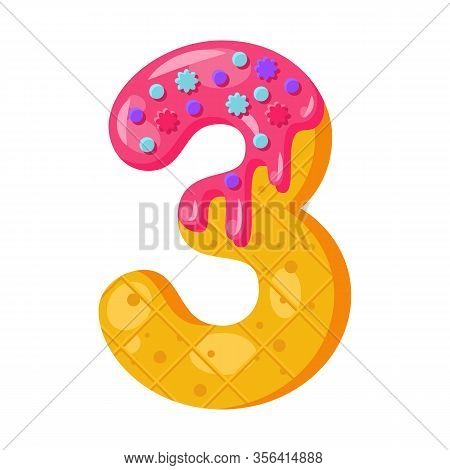 Donut Cartoon Three Number Vector Illustration. Biscuit Font Style. Glazed Bold Symbol With Icing. T