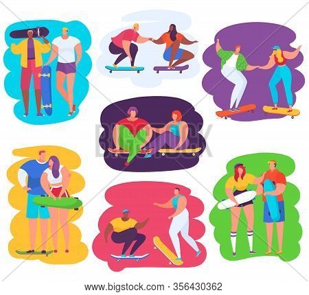 Skateboard People Vector Illustrations. Cartoon Happy Teen Boy Girl Characters Jumping On Board, Ska