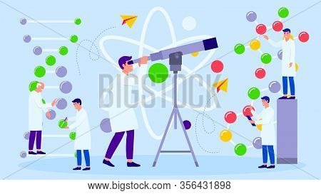 Scientists Analyze Data Vector Illustration. Group Of Scientists People Works In Team With Professor