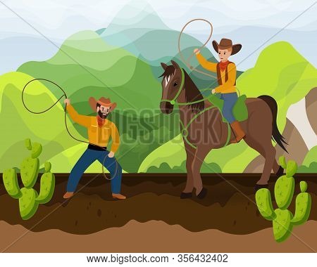 Two Cowboys With Horse On Ranch Of Wild West Vector Illustration Hand Drawn. Men Or Father And Son I