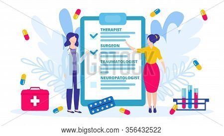 Patient Chooses Doctor At Medical Clinic, Hospital Vector Illustration Isolated Banner. Doctor Helps