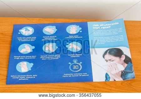 Pruszcz Gdanski, Poland - March 13, 2020: Information How Wash Hands. Leaflet About Coronavirus Covi
