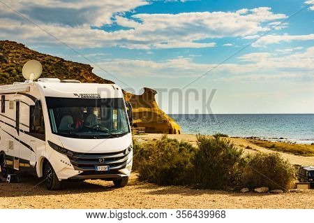 Cocedores Beach, Spain - March 19, 2019: Mobilvetta Camper Car Camping On Cocedores Beach With Yello