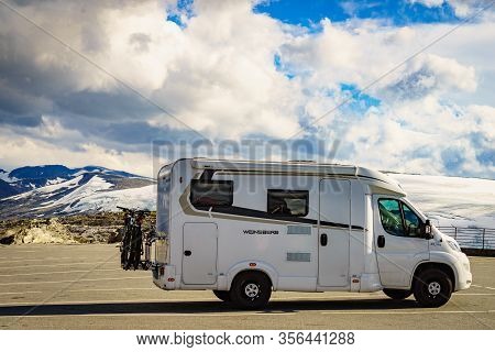 Dalsnibba, Norway - July 30, 2018: Dalsnibba Mountain With Weinsberg Camper Car On Geiranger Skywalk