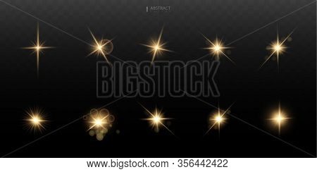 Set. Shining Star, The Sun Particles And Sparks With A Highlight Effect, Golden Bokeh Lights Glitter