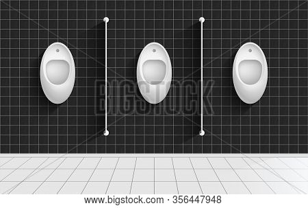 Men Lavatory, Wc Realistic Vector Illustration. Public Male Toilet, Contemporary Restroom Interior W