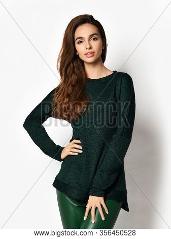 Smiling Young Pretty Brunette Woman In Casual Black Sweatshirt Jersey And Brown Leather Jeggings Is 