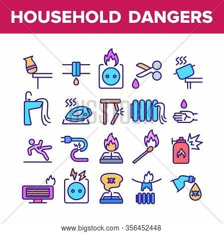 Household Dangers Collection Icons Set Vector. Short Circuit And Fire, Flood And Gas Leak, Balloon E