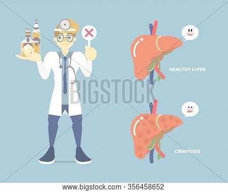 Male Doctor Holding Bottle Of Alcohol And Liver Anatomy, Health Care Disease, Alcoholic, Liver Cirrh
