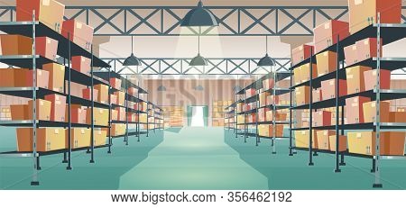 Warehouse Interior With Cardboard Boxes On Metal Racks. Vector Cartoon Illustration Of Empty Storage
