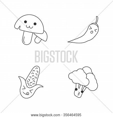 Vegetables Cute Kawaii Linear Characters. Happy Mashrooms And Broccoli. Laughing Corn. Suffering Chi