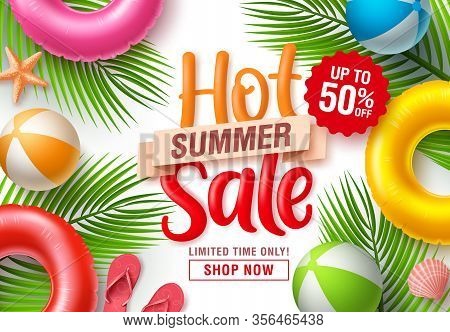Summer Sale Vector Banner Design. Summer Hot Sale Text With Beach Elements Like Floaters, Beach Ball