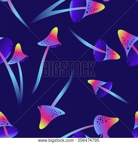 Mushroom Seamless Pattern Neon On Dark Background. Surface Design.  Bright Gradients In Blue Tones. 