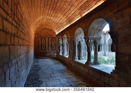 Hallway in Romanesque monastery in village in Pueblo Espanol Barcelona, Spain
