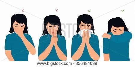 Girl Sneezes And Coughs Right And Wrong. The Symptoms Of Colds And Flu. Respiratory Disease. Runny N
