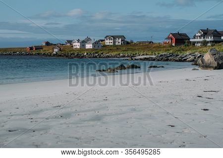 Beautiful View To White Sand Beach In Ramberg On Lofoten Islands, Norway