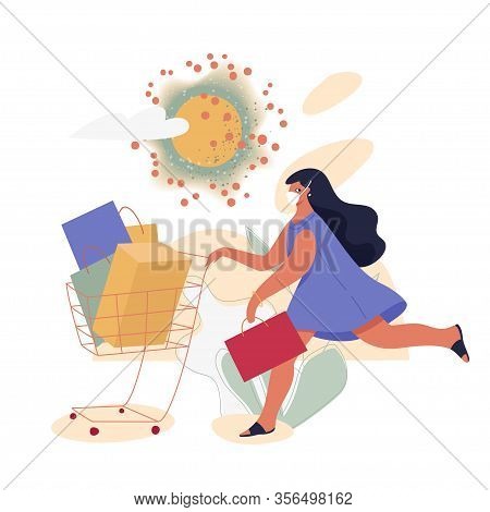 Woman In Mask With Shopping Cart And Boxes Under The Sun In The Form Of Coronavirus. Quarantine And 